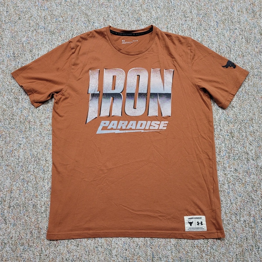 Under Armour Project Rock Shirt Mens Large Orange Iron Paradise Workout Training